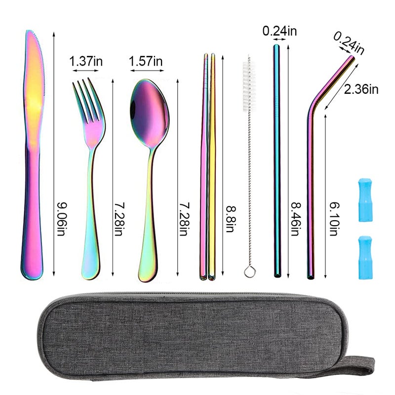OASMU Travel Utensils Set with Case Reusable Portable Cutlery Set Stainless Steel 8pcs Including Dinner Knife Fork Spoon Chopsticks Straws(Rainbow) - Image 3